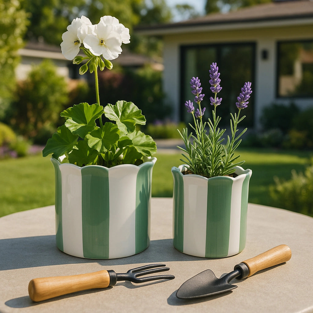 Green & White Striped Planters w/ Scalloped Rim (2 Sizes)