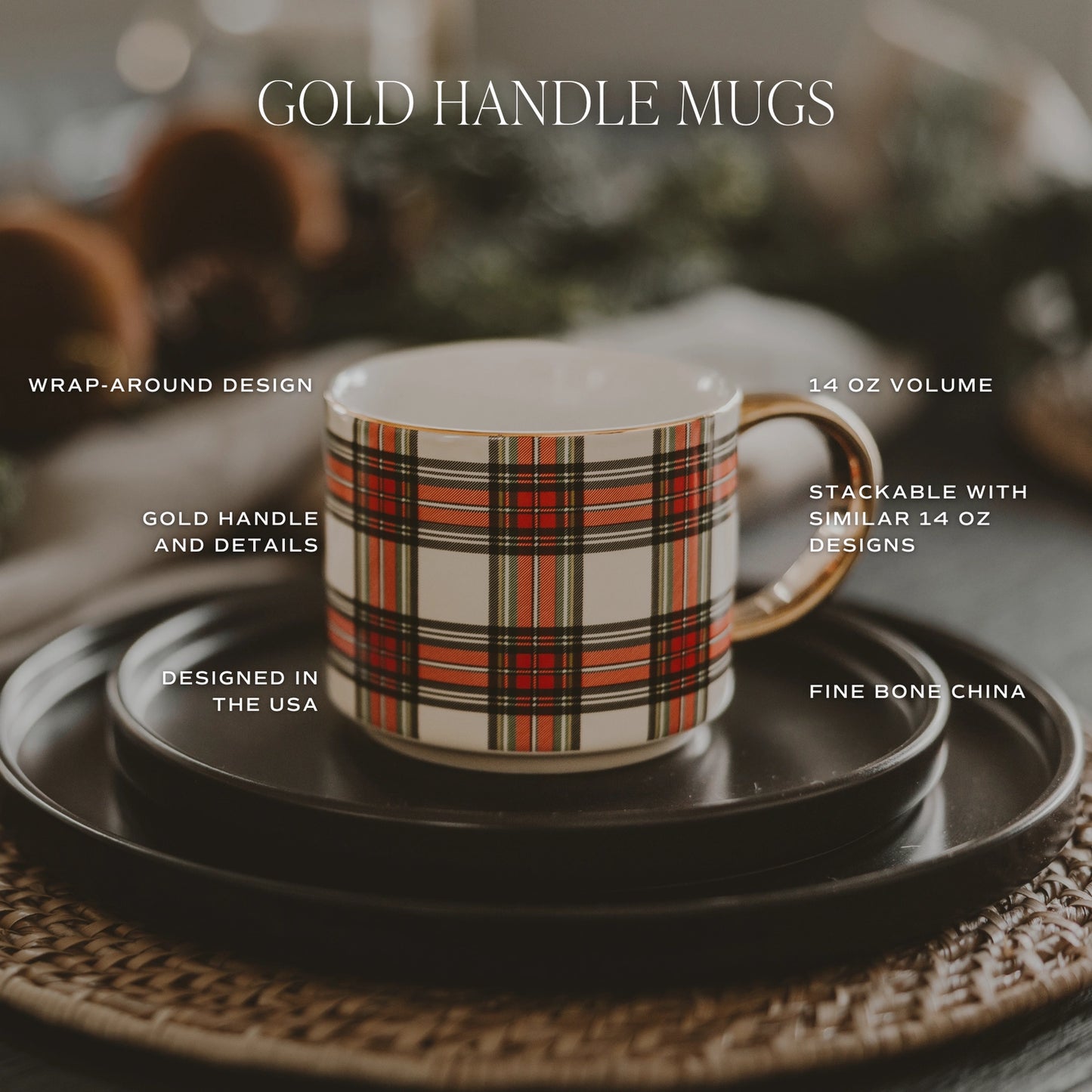 White Plaid Coffee Mug w Gold Handle 14 oz