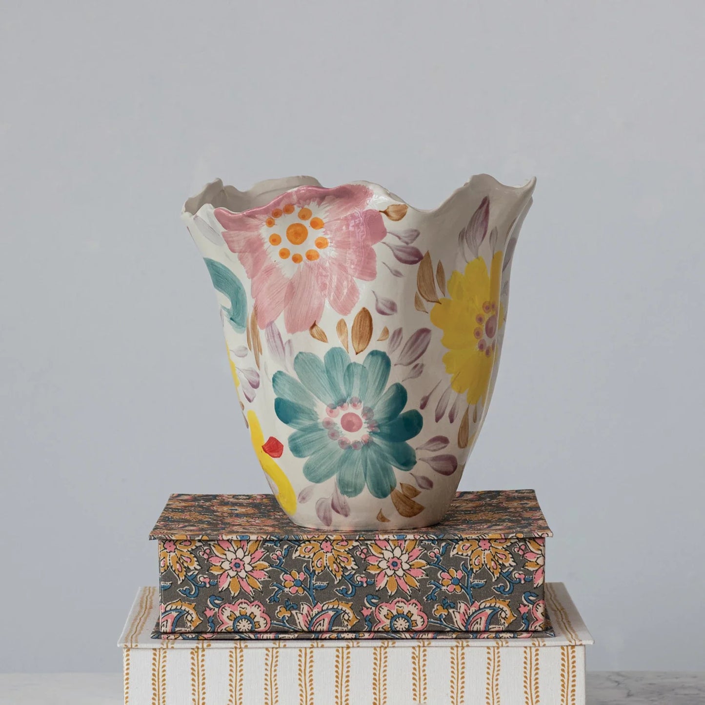 Hand-Painted Stoneware Ruffled Vase