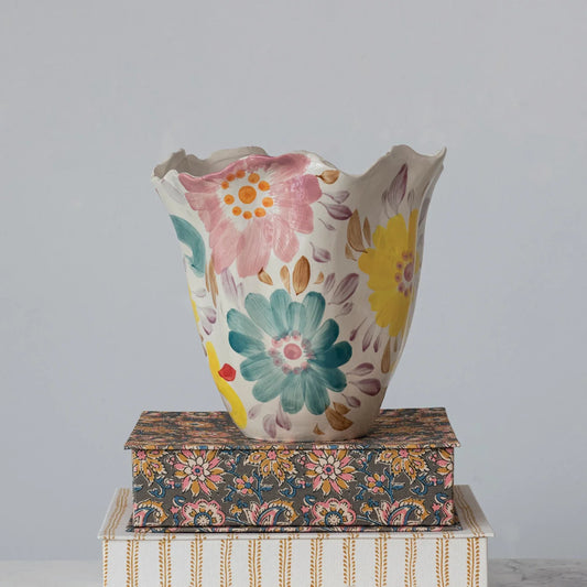 Hand-Painted Stoneware Ruffled Vase