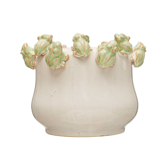 White & Green Reactive Glaze Stoneware Planter w/ Frogs on Rim