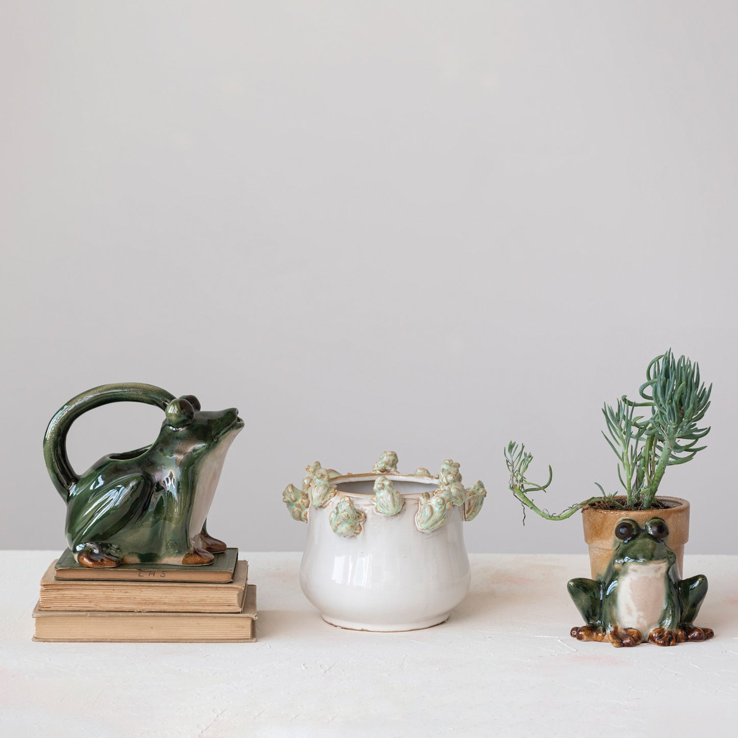 White & Green Reactive Glaze Stoneware Planter w/ Frogs on Rim