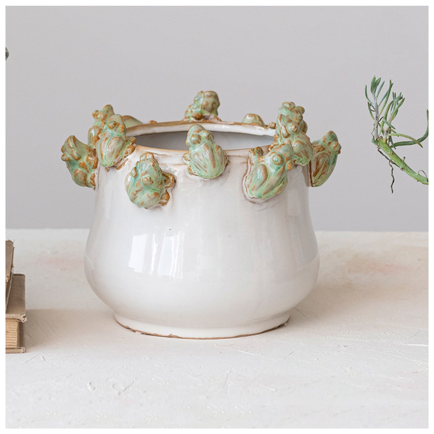 White & Green Reactive Glaze Stoneware Planter w/ Frogs on Rim