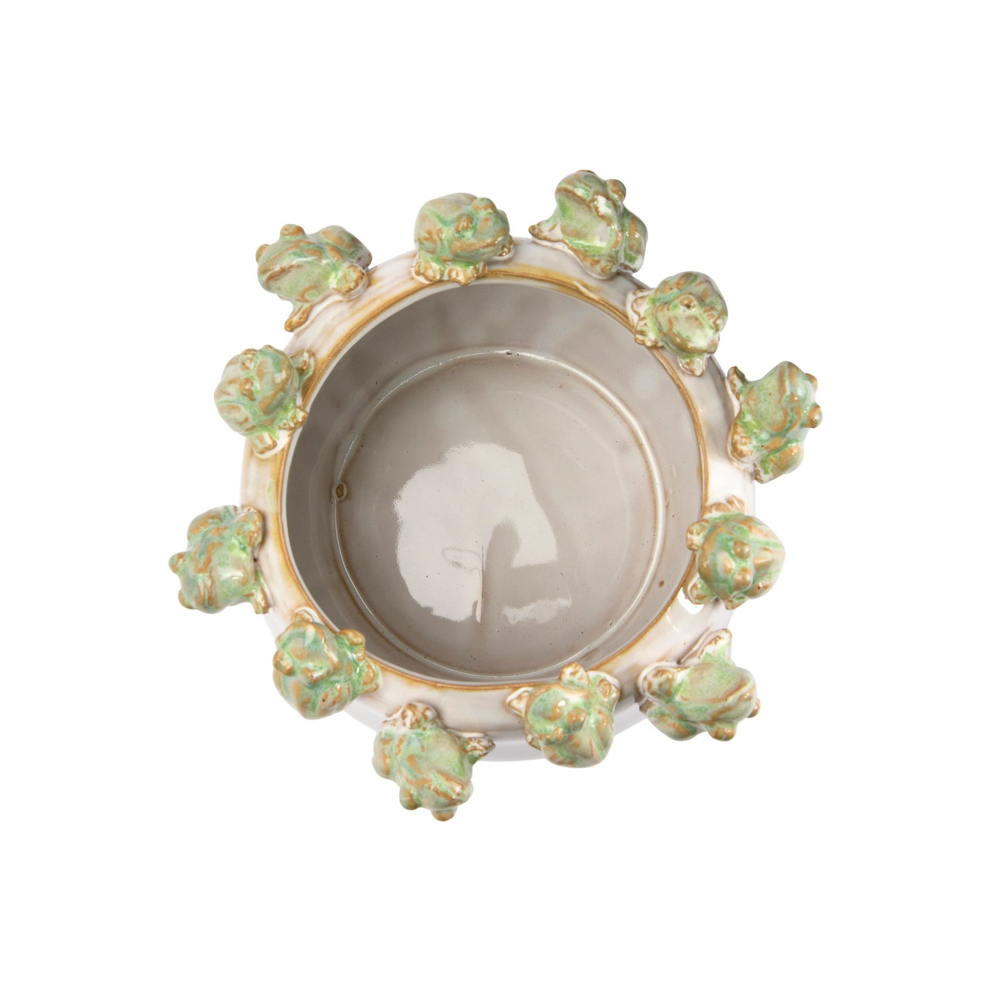 White & Green Reactive Glaze Stoneware Planter w/ Frogs on Rim