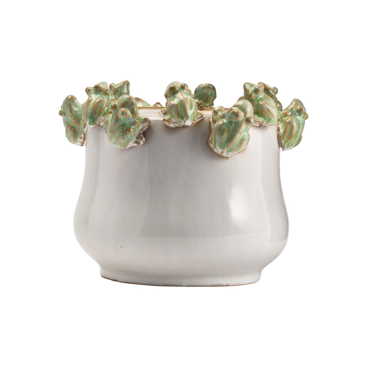 White & Green Reactive Glaze Stoneware Planter w/ Frogs on Rim