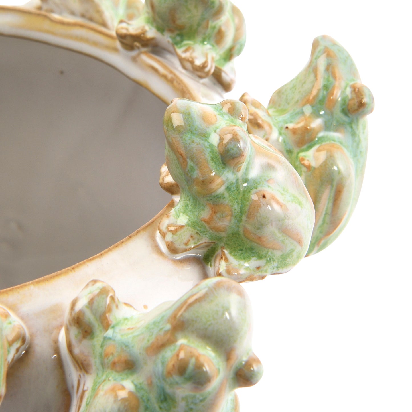 White & Green Reactive Glaze Stoneware Planter w/ Frogs on Rim