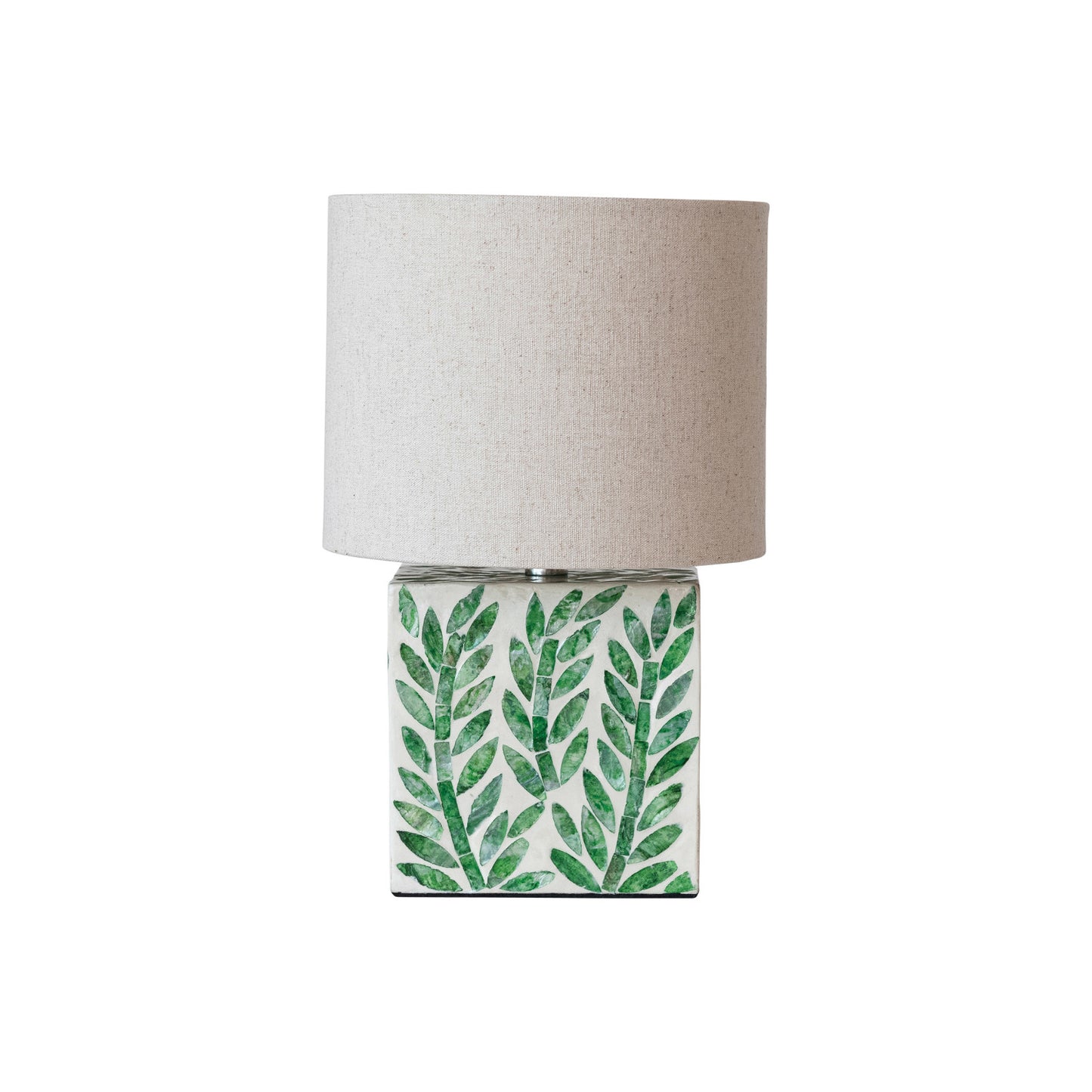 Mother of Pearl Table Lamp w/ Botanical Pattern & Linen Shade