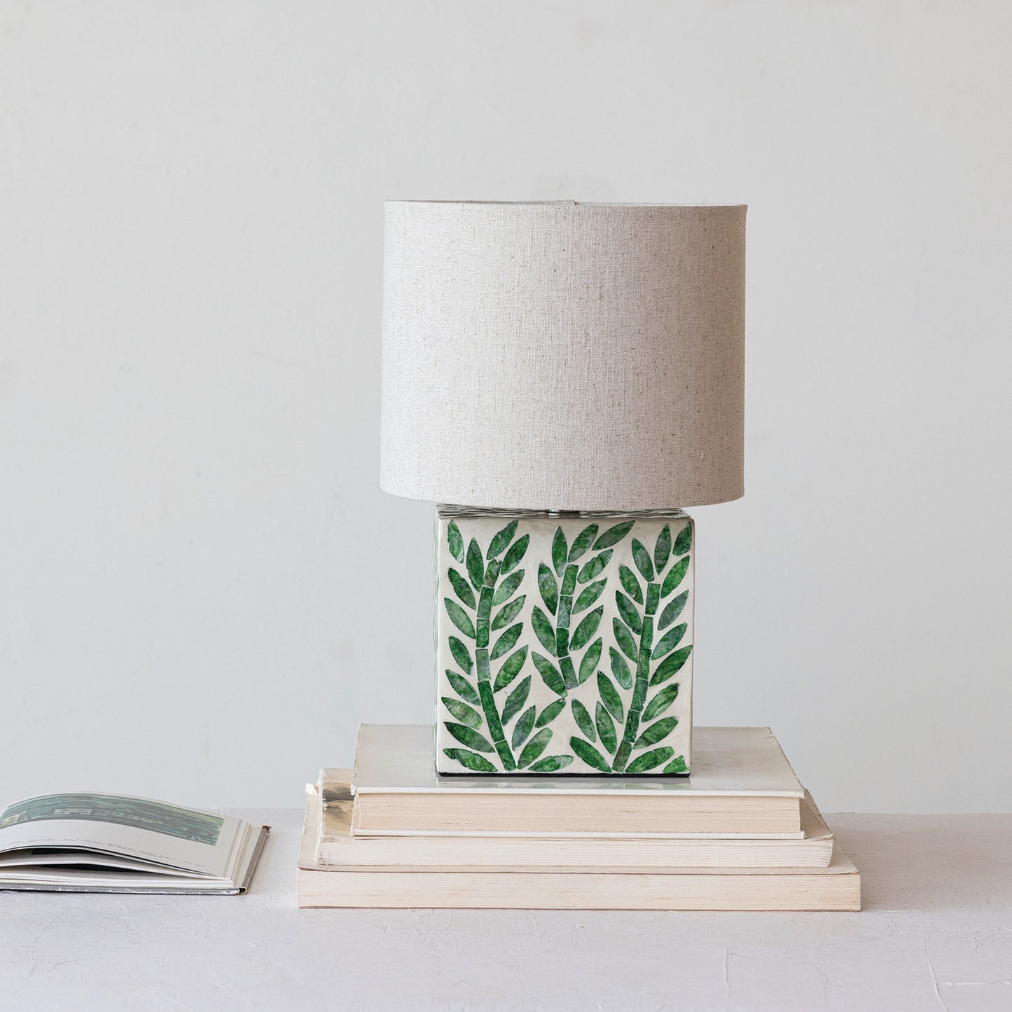 Mother of Pearl Table Lamp w/ Botanical Pattern & Linen Shade