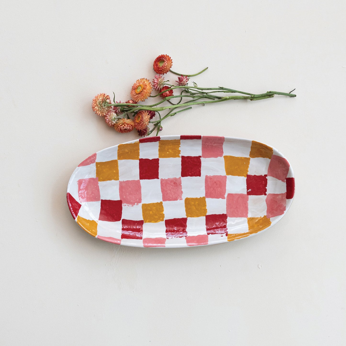 Hand-Painted Stoneware Platter w/ Check Pattern
