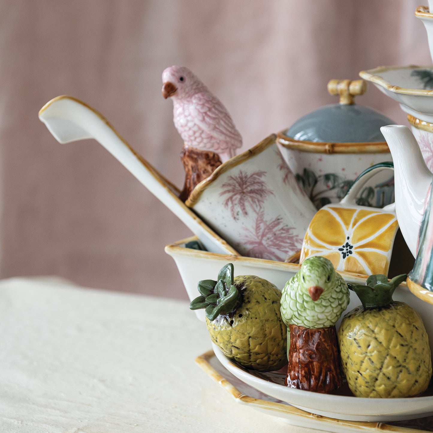 Hand-Painted Stoneware Parrot Shaped Salt & Pepper Shaker Set
