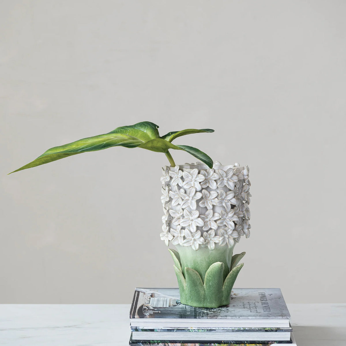 Botanical Stoneware Vase with Raised Florals