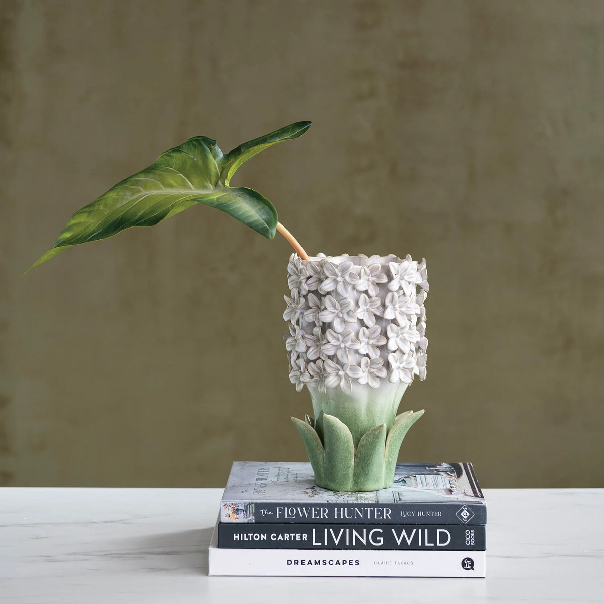 Botanical Stoneware Vase with Raised Florals