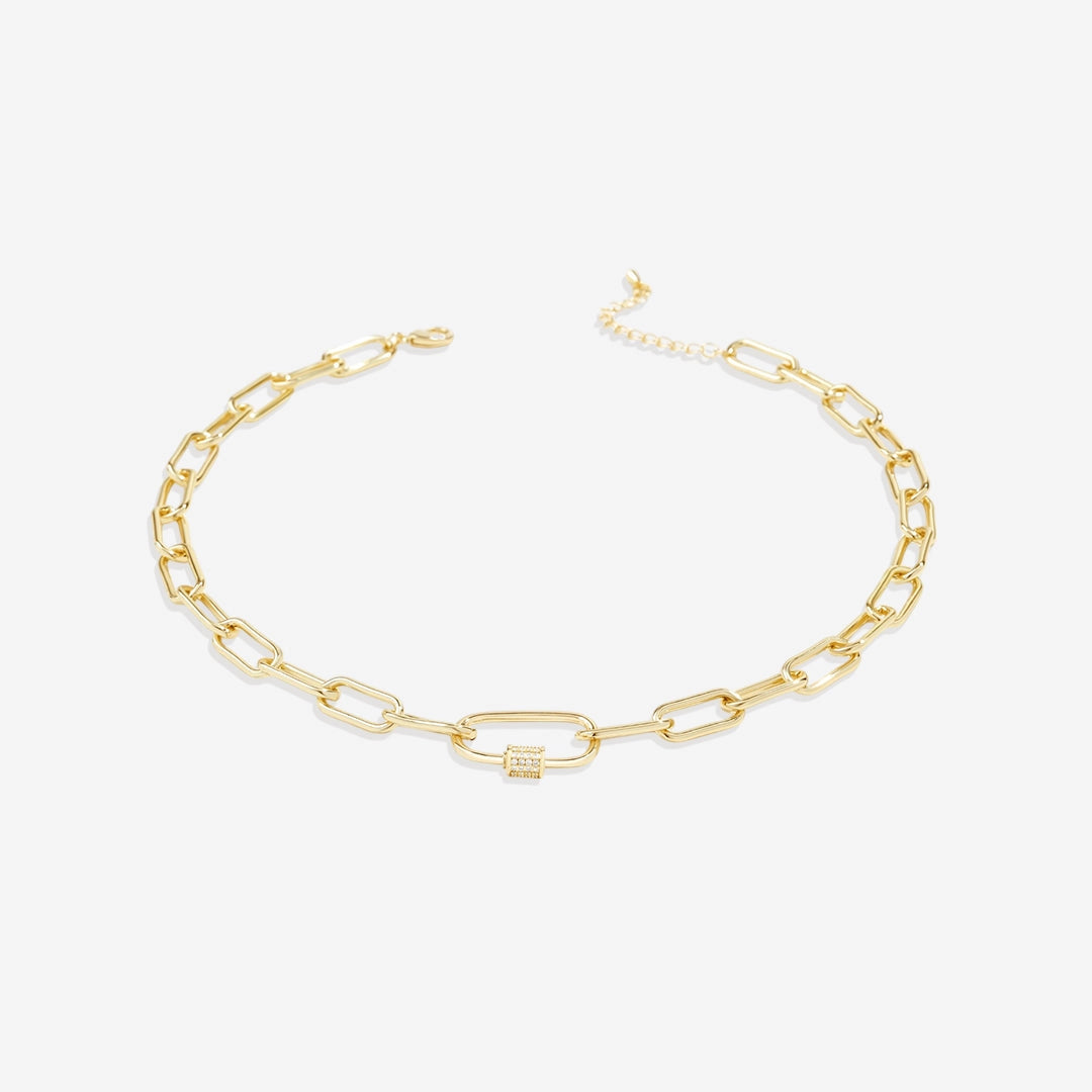 Link Chain Necklace w/ Pave Carabiner Clasp (2 Colors)