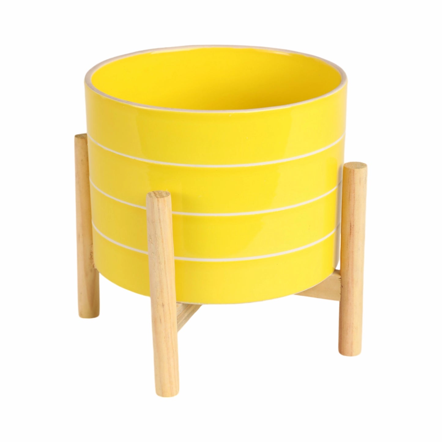 8" Yellow Striped Planter w/ Wooden Stand