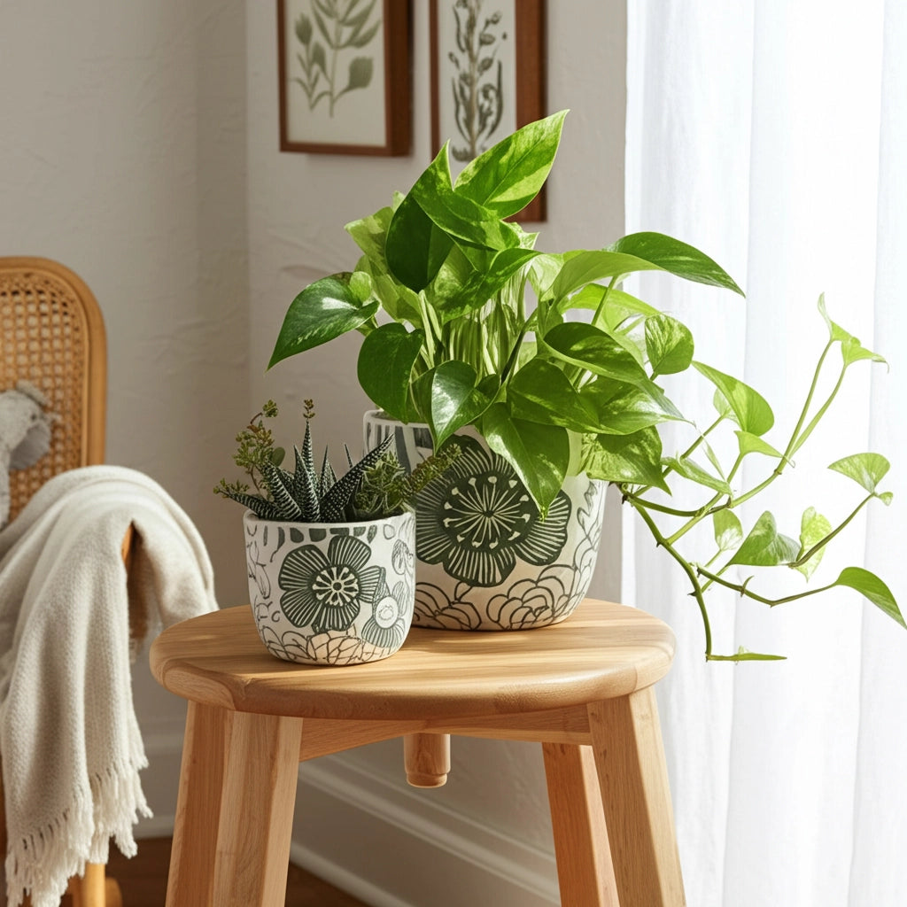 White & Green Ceramic Floral Planter Pot (2 Sizes)