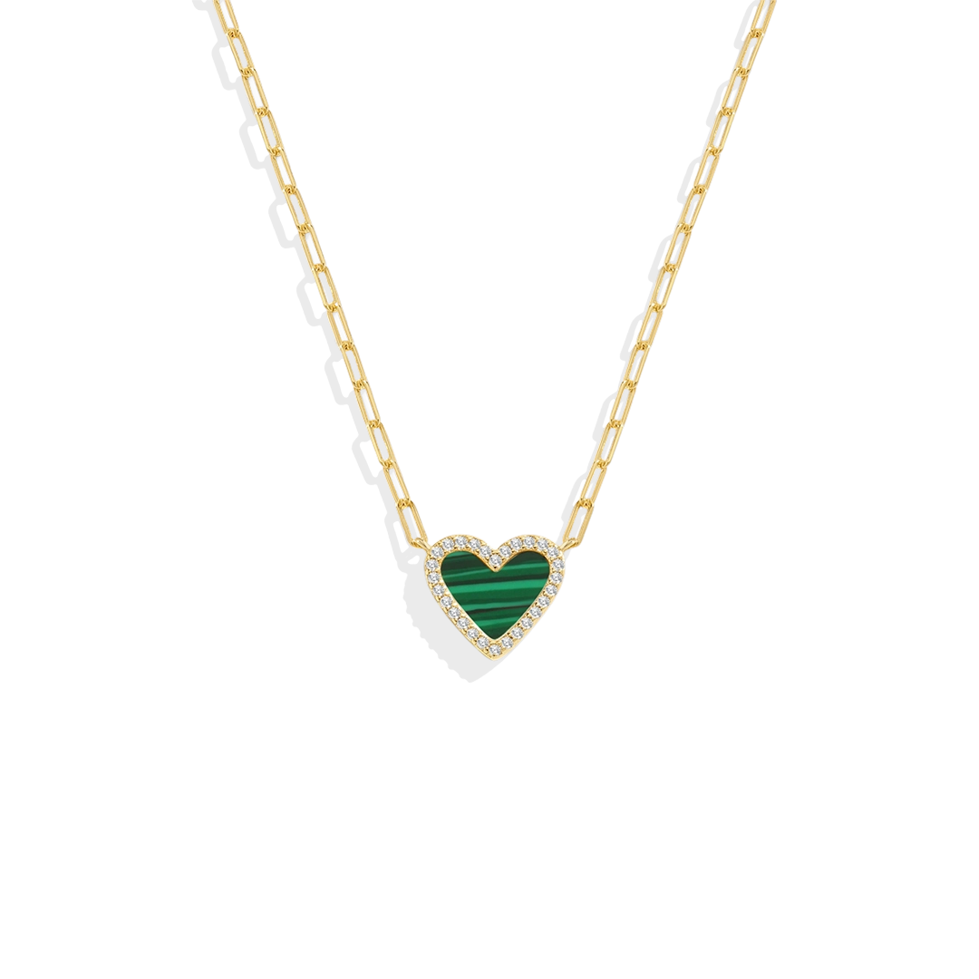 Dainty Malachite Heart Charm Paperclip Necklace