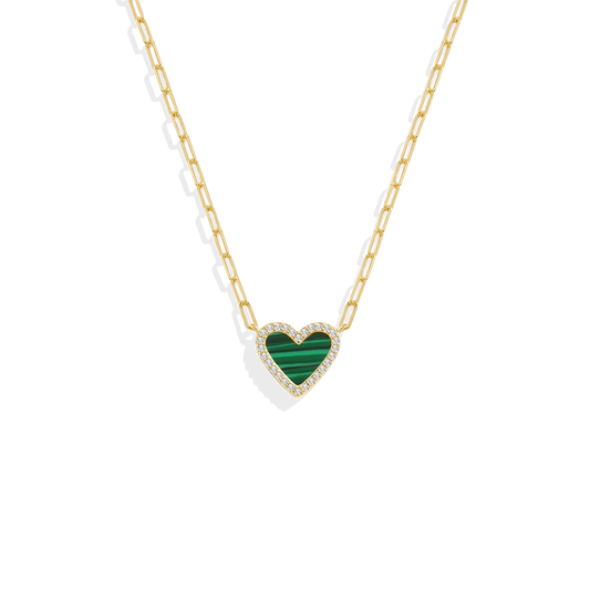 Dainty Malachite Heart Charm Paperclip Necklace
