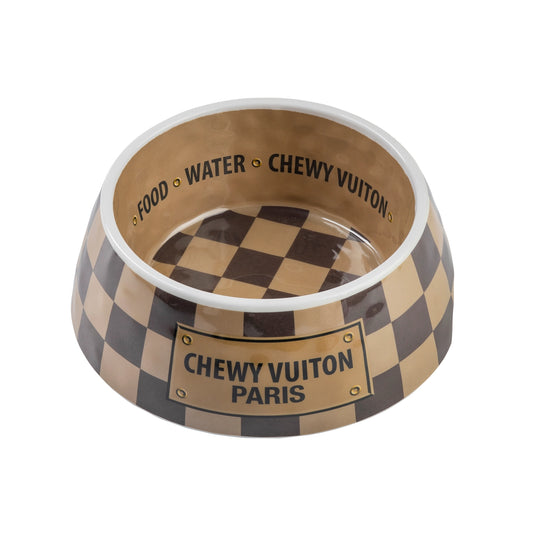 Tan Checker Chewy Vuiton Dog Bowl