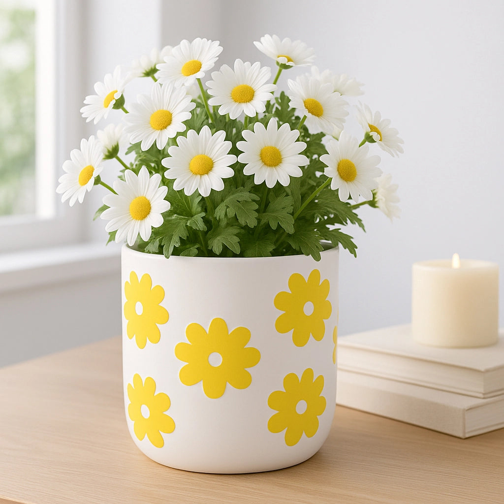 6" White & Yellow Ceramic Flower Power Planter