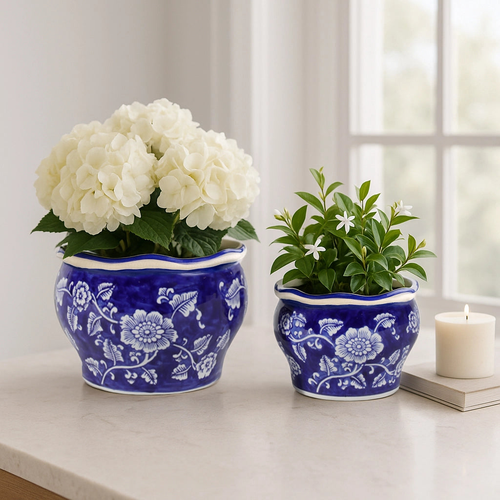 Ceramic Chinoiserie Planter Pot w/ Ruffle Rim (2 Sizes)