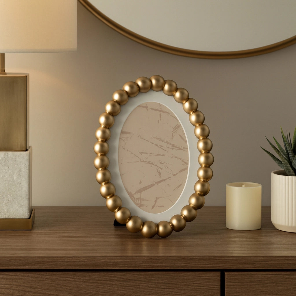 Oval Beaded Photo Frame w/ Matte Gold Finish