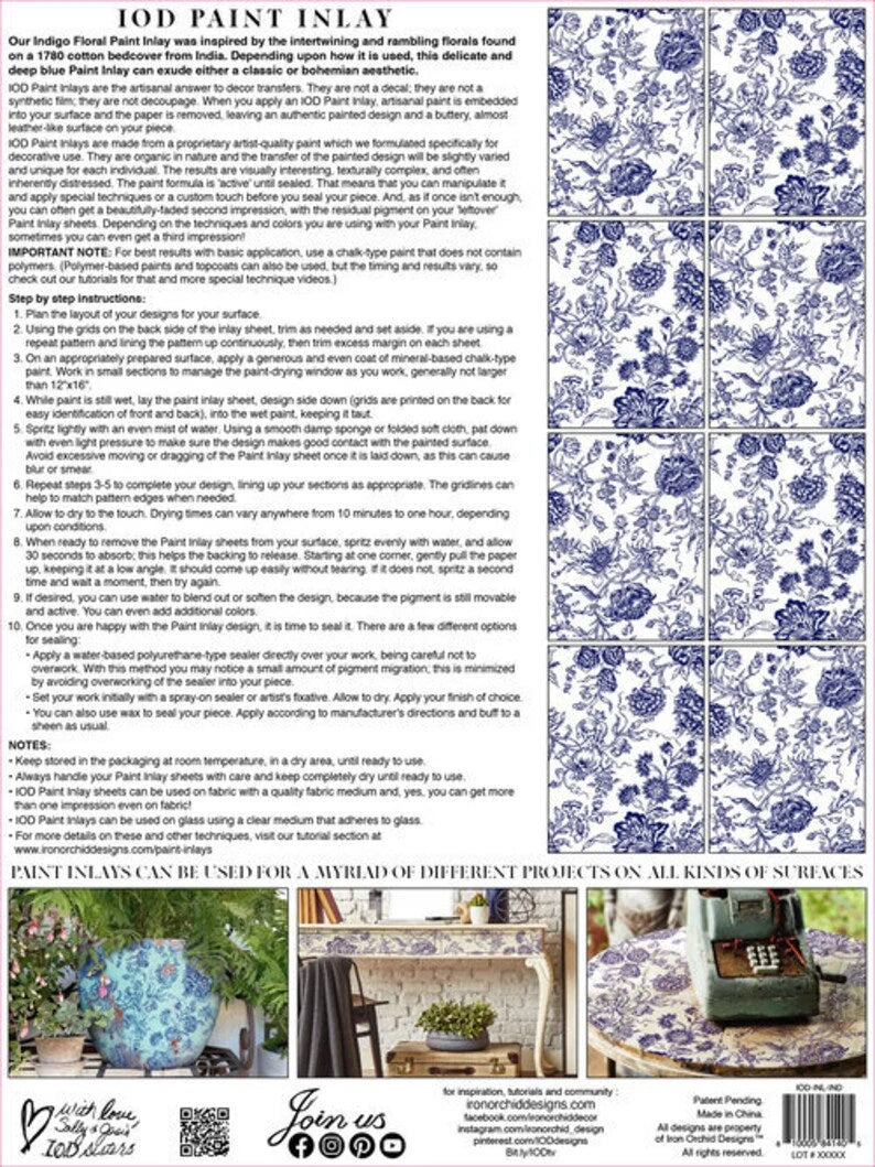 Indigo Floral IOD Paint Inlay 12x16 Pad by Iron Orchid Designs