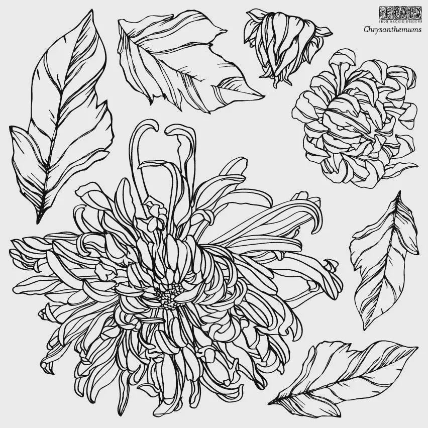 Chrysanthemums 12x12 IOD Decor Stamp by Iron Orchid Designs (Retired!)