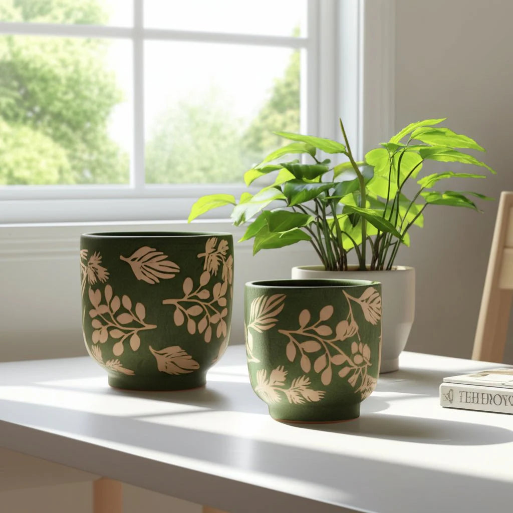 Green & White Ceramic Planter Pot w/ Textured Leaves (2 Sizes)