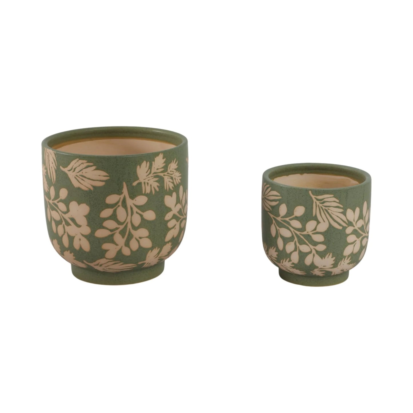 Green & White Ceramic Planter Pot w/ Textured Leaves (2 Sizes)