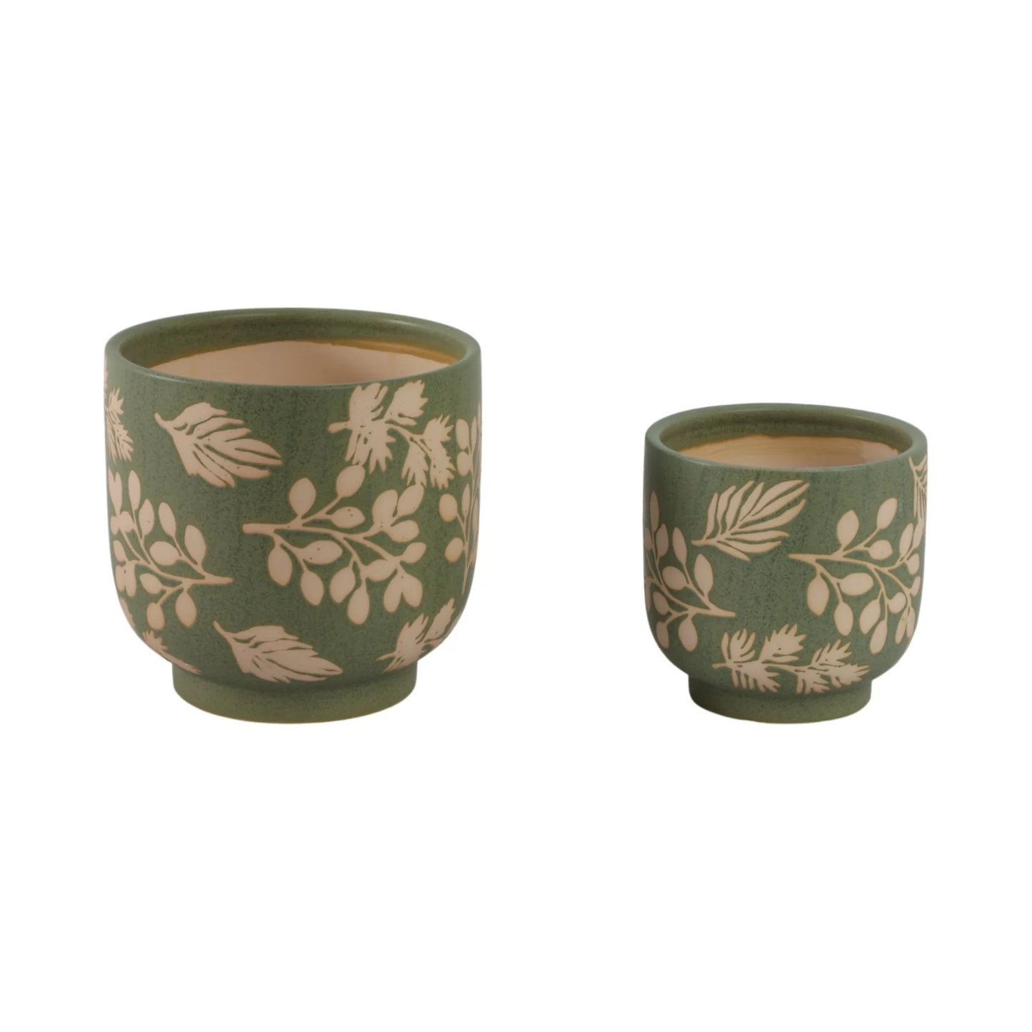 Green & White Ceramic Planter Pot w/ Textured Leaves (2 Sizes)