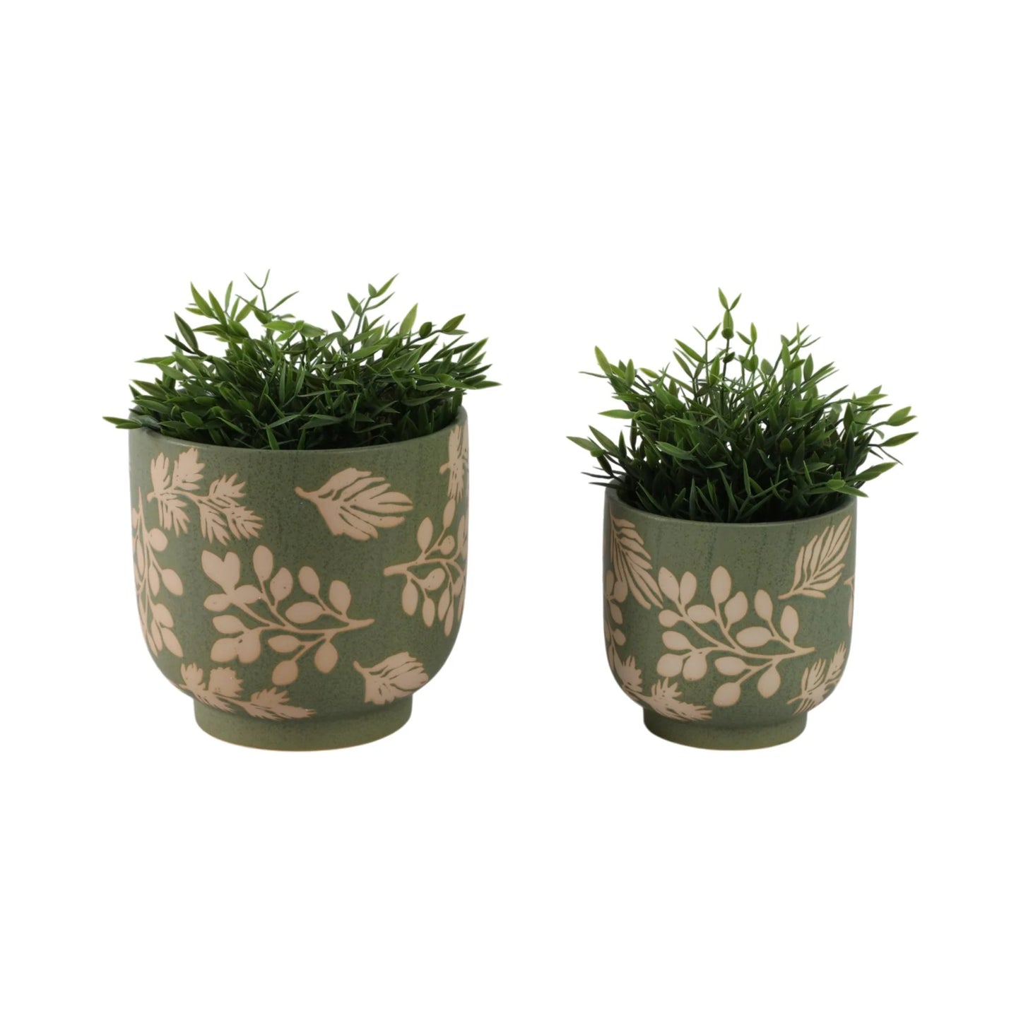 Green & White Ceramic Planter Pot w/ Textured Leaves (2 Sizes)