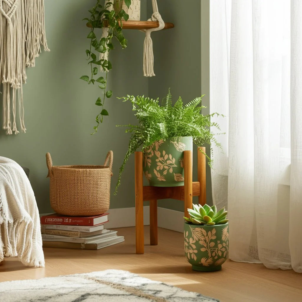 Green & White Ceramic Planter Pot w/ Textured Leaves (2 Sizes)