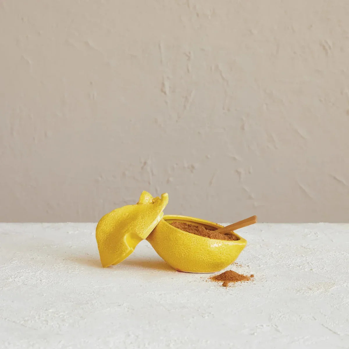 Stoneware Lemon Shaped Sugar Pot w/ Wood Spoon
